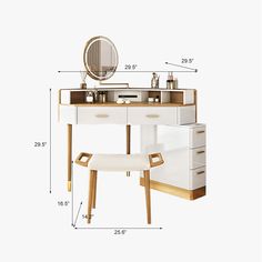 a white vanity with a mirror and stool in front of it on a white background