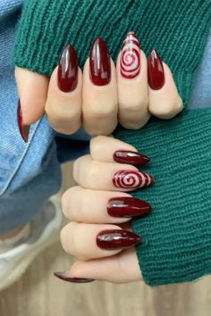 #nails #nailart #red #rednails #rednailsideas #stilettos #longnails #spirals Goth Grunge Nails, Nails With Spirals, Red Spiral Nails, Spiral Nail Designs, Rob Zombie Nails, Red Nail Outfit, Red Nails Design Ideas Classy, Uzumaki Nails, Spiral Nails Design