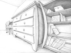 a pencil drawing of an open refrigerator with books on the shelves and other items in it