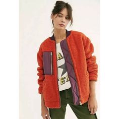 Nwt Free People Rivington Sherpa Jacket Chili Combo Fleece Orange Purple Xs/M $168 Soft Sherpa Jacket Featured In A Slouchy Silhouette With Contrast Detailing. Front Zip Closure, Bust Pocket With Zip Detail Ribbed Neckline Hip Pockets 3% Acrylic, 97% Polyester Trim: 100% Modal Measures Laying Flat Approx: Xs Pit To Pit:22" (Xs), Length: 26"(Xs) Measures Laying Flat Approx: M Pit To Pit:25" (M), Length: 28"(M) Preppy Business Casual, Free People Store, Free People Jacket, Teddy Coat, Sherpa Jacket, Fleece Coat, Mode Inspiration, Red Jacket, Sweater Coats