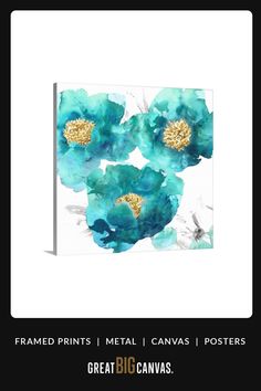 three blue flowers on a white background with the words framed prints metal canvass posters