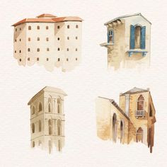 four different types of buildings painted in watercolor