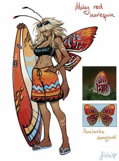 a drawing of a woman holding a surfboard with butterfly wings on her chest and wearing an orange skirt