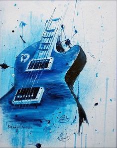 an abstract painting of a blue guitar with black and white details on the fretboard