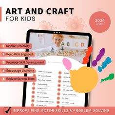 the art and craft for kids poster is displayed on a tablet screen with instructions to make it