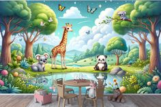 children's room with wall mural featuring animals in the forest and trees, including a giraffe