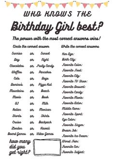 Birthday Game Activity Quiz Who Knows the Birthday Girl Best - Etsy Quince Party Games, Birthday Activities For Teenagers, Birthday Party Ideas For Teenagers 15, Quince Activities, Sweet 16 Activities Things To Do, Bday Party Ideas Teenagers, Sweet 16 Party Games, Father's Day Games, Fun Sleepover Games