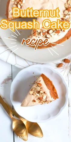 a white plate topped with a slice of cake next to a fork and spoons