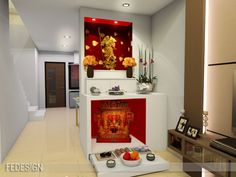 a living room filled with lots of furniture and decor on top of a white shelf