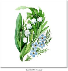 watercolor painting of white flowers and green leaves