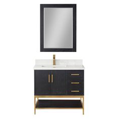 a bathroom vanity with a mirror above it