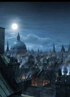 an image of a city at night with the full moon in the sky above it