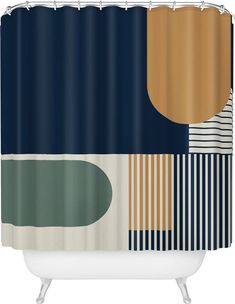 a shower curtain with an abstract design in blue, beige and green colors on it