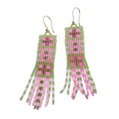 two pairs of pink and green beaded earrings with fringes on the end of them