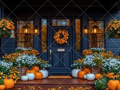 the front porch is decorated with pumpkins and flowers