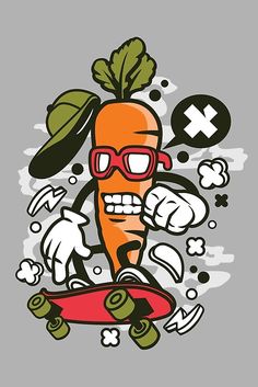 a cartoon carrot riding a skateboard wearing sunglasses