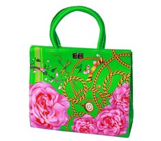 Timeless classic shape echoing elegant ladies's designer fashion bags from the 40s and 50s, green floral "Desire" handbag is covered with custom-designed printed 100% silk satin featuring pink roses, gold chains, dragonflies, apple blossom, and a gold ribbon imprinted with the word "Love". It has a firm structured body, top handles, and inside pocket. The interior is spacious enough to hold your essentials and more.  It's light and durable.  Luscious roses, gold jewelry, green dragonflies... A Latin quote from the didactic poem "De Rerum Natura" by Roman philosopher Lucretius. Style: Gold Coast Silk print: "Desire" Body: custom-designed, custom-printed 100% silk charmeuse;  Lining: polyester; Hardware: gun-metal; Inside pocket; durable, structured design. Height: 9.5" (24 cm) Width 12" (31 Structured Tote Bag, Louis Vuitton Artsy Mm, Classic Vintage Style, Handbag Vintage, Body Top, The Word Love, The 40s, Monogram Tote, Word Love