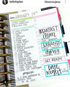 an open planner with the words, breakfast menus and other things to do on it