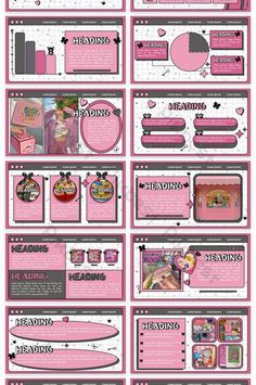 a pink and black website design with lots of information on the front, side and back pages