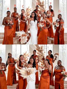 the bride and her bridal party are posing for pictures in their orange gowns