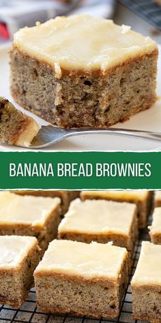 banana bread brownies are on a cooling rack and one is cut in half to show the inside