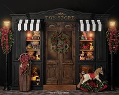 Christmas Toy Store - HSD Photography Backdrops Dark Cobblestone, Store Backdrop, Christmas Toy Store, Village Backdrop, Store Photography, Christmas Toy Shop, Christmas Wallpaper Hd, Photo Backdrop Christmas, Christmas Gingerbread House