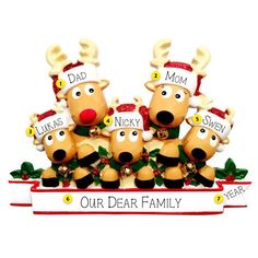 Personalized Reindeer Family of 5 with Banner Ornament Christmas Table Toppers, Grandparents Christmas, Personalized Christmas Ornaments Family, Christmas Message, Ornament Family, Ornament Tree, Family Of 5, Reindeer Ornaments, Family Christmas Ornaments