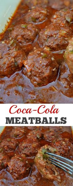 the recipe for coca cola meatballs is shown in two different pictures, one with a fork