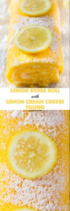 lemon swiss roll with powdered sugar on top and sliced lemons on the bottom