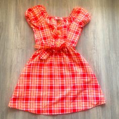 Vibrant Girls Dress. New Without Tags Cute Cotton Mini Dress For Picnic, Plaid Summer Holiday Dress, Cute Red Cotton Mini Dress, Casual Orange Dress For Holiday, Cute Orange Cotton Sundress, Big Girl Dresses, Orange Plaid, Plaid Dress, Girls Dress