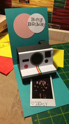 a polaroid camera sitting on top of a card with the words happy birthday written on it