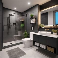 a bathroom with a toilet, sink and shower in it's own area is shown