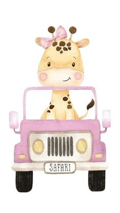 a giraffe sitting in the back of a pink jeep