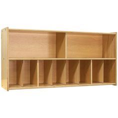 a wooden shelf with six compartments on each side