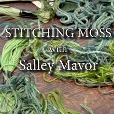 the cover of stitching moss with staley mavor, featuring green yarn and scissors