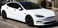 a white tesla parked in a parking lot