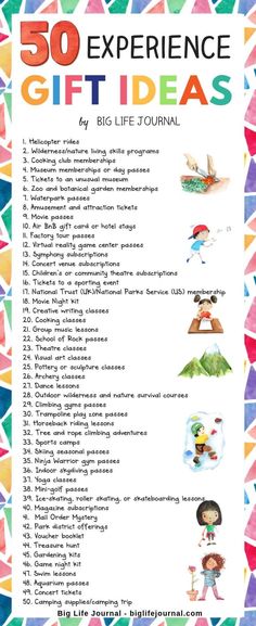 the 50 experience gift ideas for kids is shown in this poster, which includes pictures and text