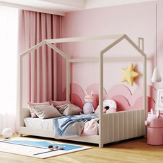 a child's bedroom with pink walls and white furniture, including a bed frame