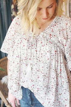 White Floral Babydoll Blouse Babydoll Blouse, V Neckline