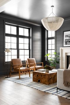 a living room filled with furniture and a fire place in front of two large windows