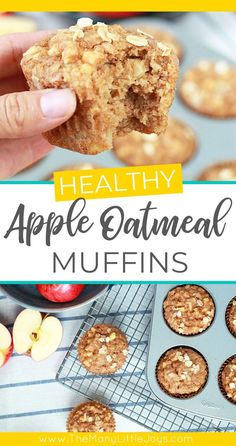 healthy apple oatmeal muffins with apples in the background and text overlay