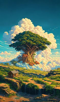 a painting of a large tree in the middle of a field with clouds above it