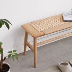 a wooden bench sitting next to a potted plant on top of a carpeted floor