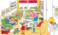 a drawing of a family in the living room with their child's food and toys