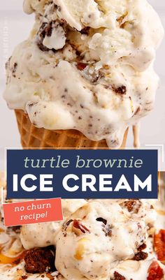 an ice cream sundae with chocolate chunks and pecans on top, in a waffle cone