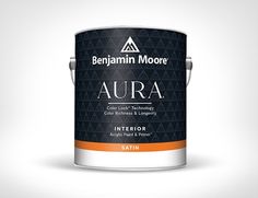 an orange and black paint can with the word aura on it's side, in front of a white background