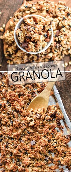 blueberry vanilla and coconut granola on a baking sheet