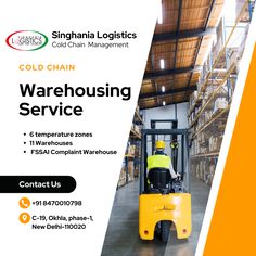 a yellow forklift with the words cold chain warehousing service