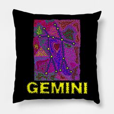 a black pillow with the word gemin in yellow and purple on it's front