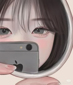 a girl looking at her cell phone through a magnifying glass with an apple logo on it